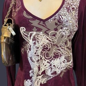 RXB Artistic V-Neck Long Sleeve Top - Burgundy and Cream